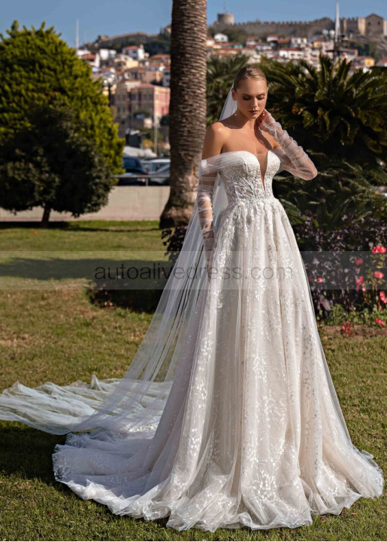 Off Shoulder Beaded Ivory Lace Tulle Elegant Wedding Dress